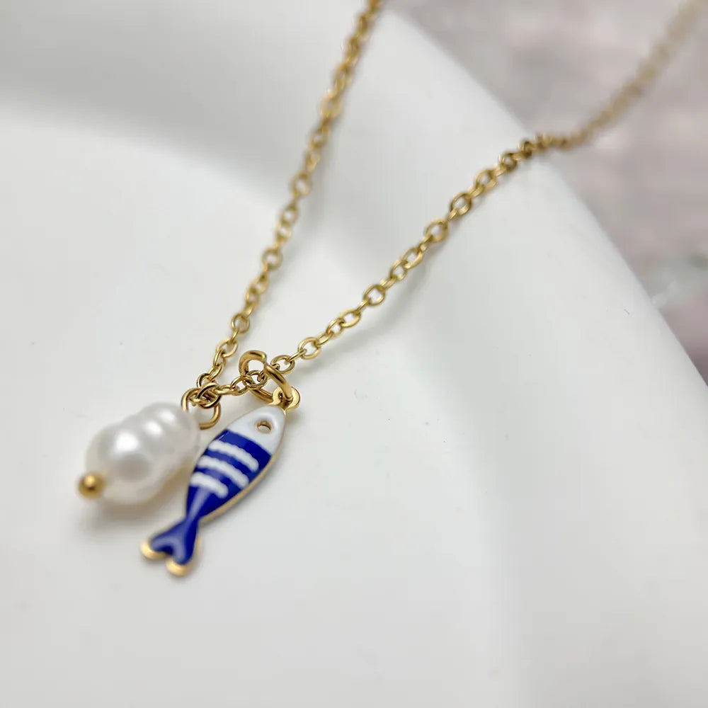Gold Fish Necklace โ Freshwater Pearl Ocean Pendant