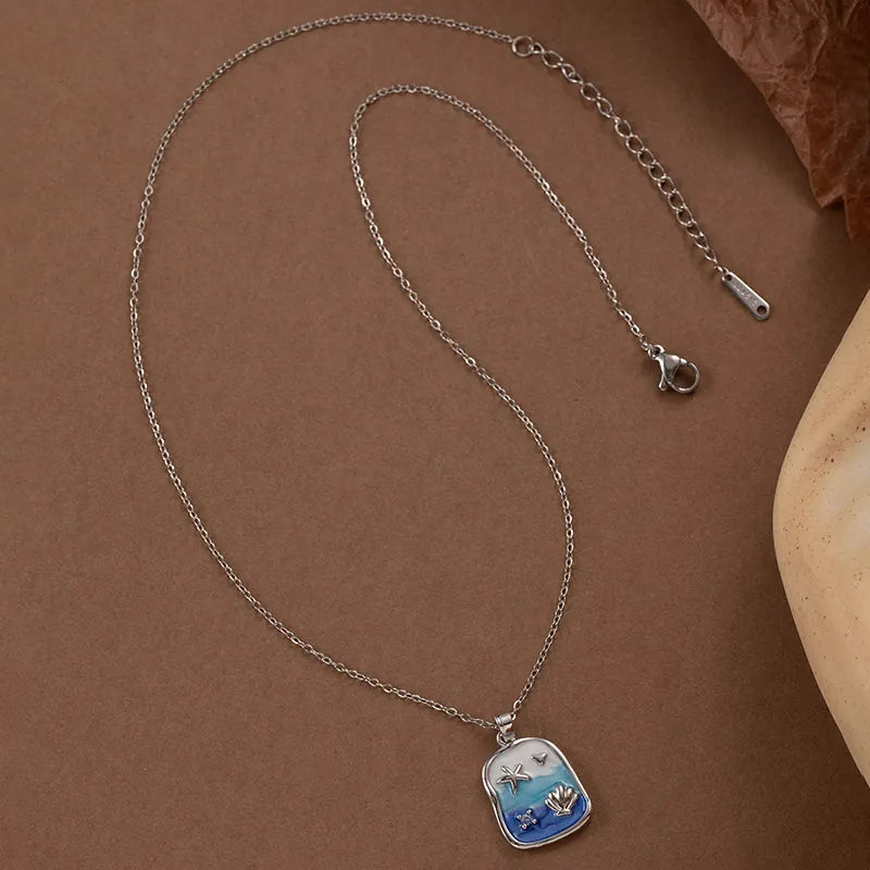 Blue Enamel Starfish Necklace โ Ocean Shell Pendant