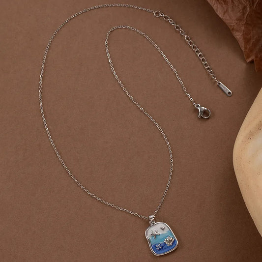 Blue Enamel Starfish Necklace — Ocean Shell Pendant