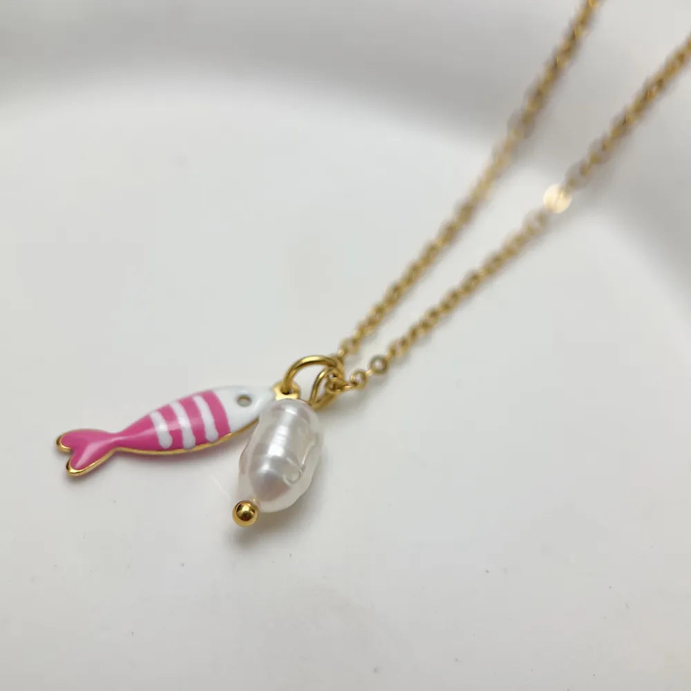 Gold Fish Necklace — Freshwater Pearl Ocean Pendant