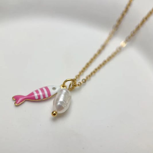 Gold Fish Necklace — Freshwater Pearl Ocean Pendant