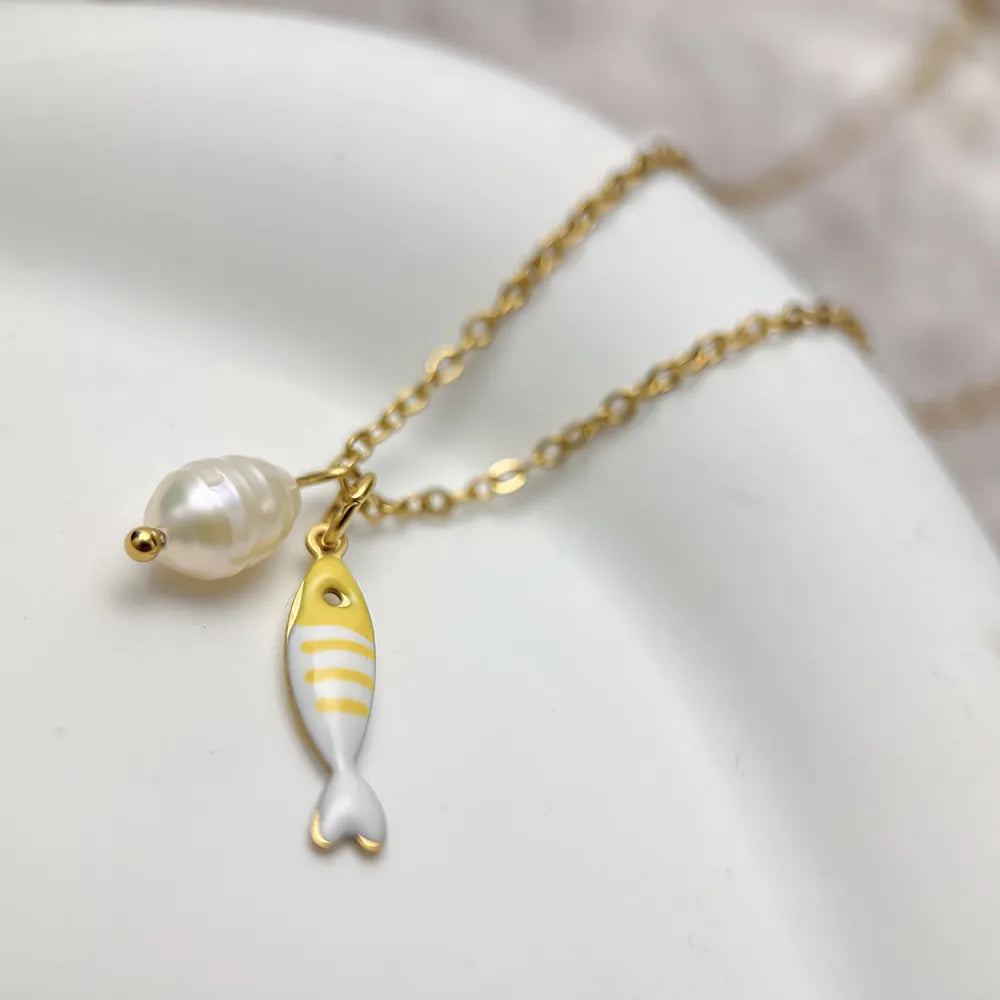 Gold Fish Necklace — Freshwater Pearl Ocean Pendant