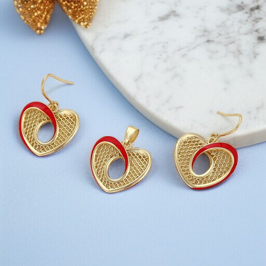 14K Gold Plated Red Enamel Mesh Heart Pendant & Dangle Earrings Set image 0