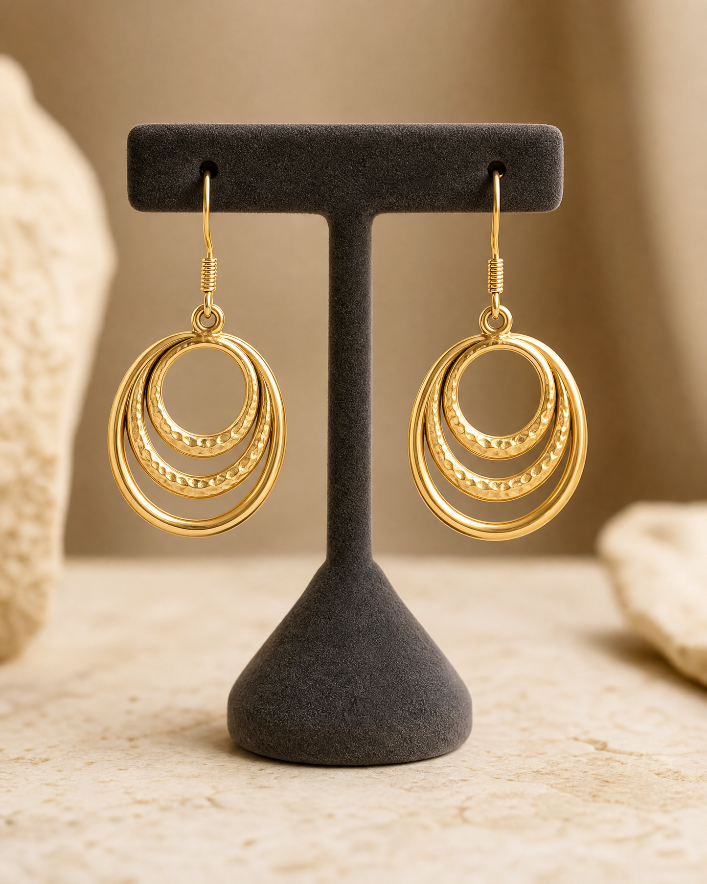 Zaria 14K Gold Plating Concentric Orbit Dangle Earrings | Multi-Tiered Hammered & Smooth Nested Circle Drop Earrings